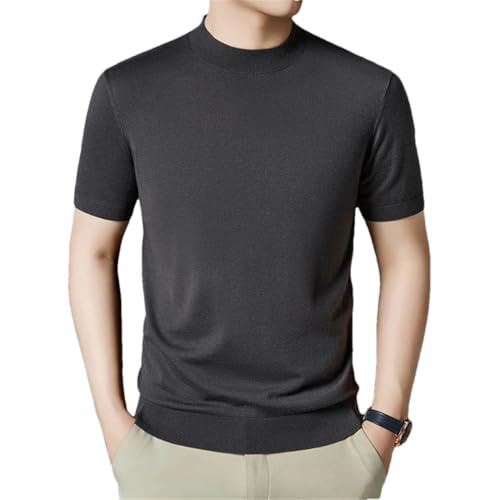 Men Summer Casual Mock Neck Thin Short Sleeve Slim Wool Knit Pullover