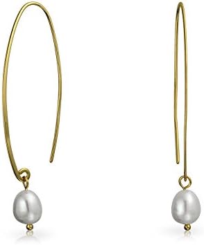 Minimalist White Freshwater Cultured Pearl Wire Threader Earrings For Women 14K Gold Plated 925 Sterling Silver