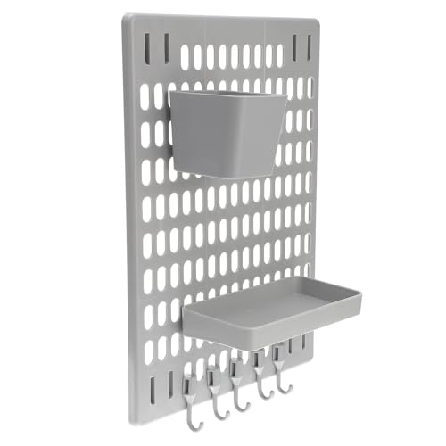 TOMETURE Estante de Tablero Perforado para Pared sin Perforaciones, Organizador Multifuncional Gris 1 Tablero Grande, 1 Caja Rectangular, 1 Caja Cuadrada y 5 Ganchos para Cocina, Baño