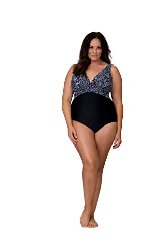 Caribbean Sand Knotted Front One Piece Bathing Suit Modest Plus Size Swimsuit For Women With Tummy Control 20W Black/White #TOP3