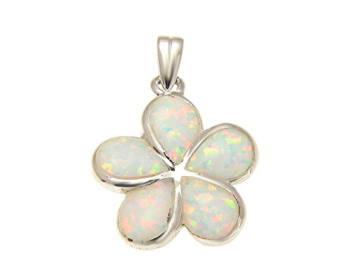 Arthur's Jewelry 925 Sterling silver white synthetic opal Hawaiian plumeria flower pendant 18mm