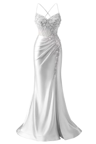 Mermaid Prom Dresses with Slit for Women Lace Appliques Satin Prom Dress Spaghetti Straps LW09