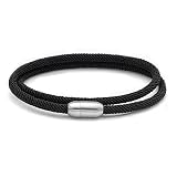 BIYONGDE Black Nautical Woven Friendship Rope Two-lap Wrap String Bangle Bracelet Steel Mens Womens