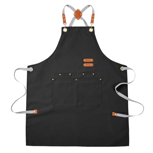 Aoomzoon Durable Kitchen Apron Multifunctional Chef Aprons for Women & Men with Pockets Reusable Apron for Cooking Baking & Daily Use (BLACK)