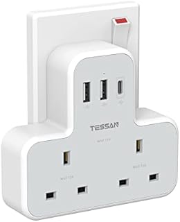 Double Plug Adaptor with 3 USB Plug, TESSAN Plug Adapter with USB C Charger, Socket Adapter, Extension Plug with USB Charger Plug, Double Adapter Plug UK Compatible with Kitchen, Office