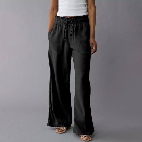 Cotton Linen Pants for Women 2025 Plus Size Wide Leg Cropped Lounge Trousers Drawstring Elastic Waist Summer Beach Pant3