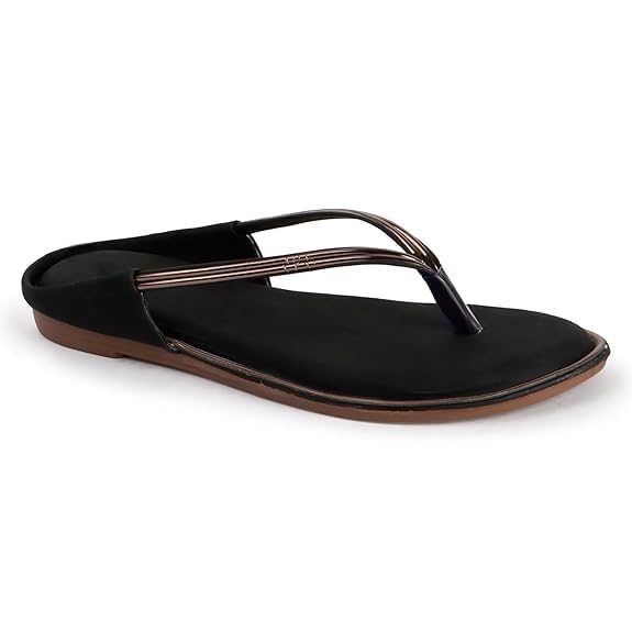Image of Women's Brown Flip Flop Sandals, Thong Style, Metallic Strap, Casual Flat Footwear