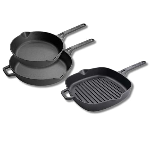 Prestige Cast Iron Frying Pan and Grill Pan Set – 3 Piece, Pre-Seasoned, Non-Toxic, Induction & Oven Safe, Easy Clean, 22cm, 26cm, 25cm