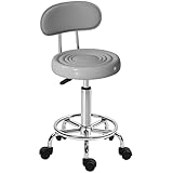 HOMCOM Rollhocker höhenverstellbar Drehhocker Drehbar Salon Hocker mit Lehne, Rädern, Arbeitshocker mit Fußstütze für Büro, Kunstleder, 32 x 40 x 70-86 cm, Grau