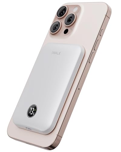iWALK Magnetic Slim Portable Charger,5000mAh 18W Wireless Power Bank Battery Pack with LED Display and Comfortable Grip Only Compatible with iPhone 16/16 Pro/16 Pro Max/15/14/13/12 Series,White