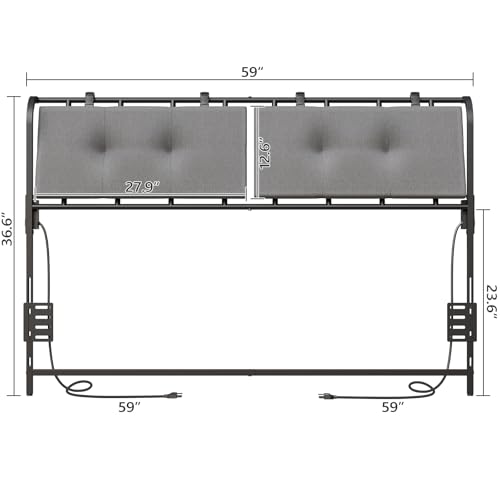 Upholstered Queen Size Headboard with Charging Stations - Black/Grey