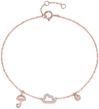 KnBoB 18K Solid Rose Gold Bracelet, Diamond Statement Bracelet Charms Bracelet with Umbrella and Cloud Adjustable Length 19+2CM