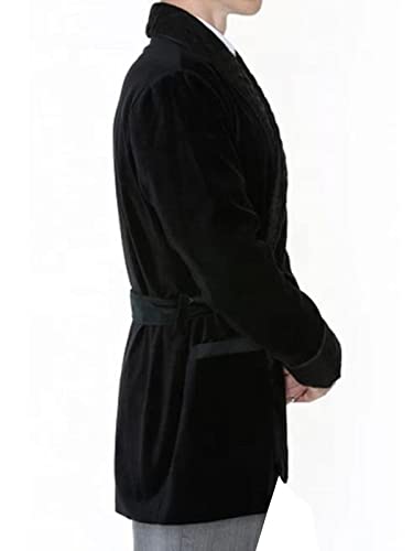 Men's Vintage Short Smoking Robe with Belt Velvet Bathrobe Nightgown for Home Dinner Party4