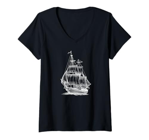 Mujer Vintage Barco Pirata Barco Velero Barco Velero Bosquejo Arte Camiseta Cuello V