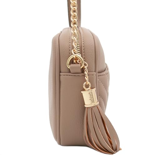Image of FashionPuzzle Chevron Quilted Crossbody Camera Bag with Chain Strap and Tassel