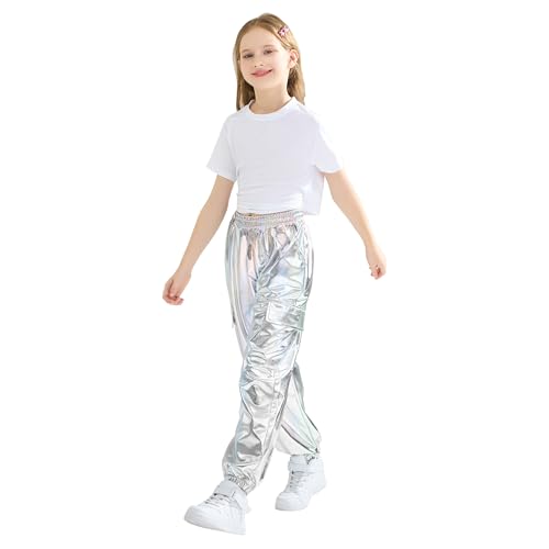 Image of Rolanko Girls Shiny Metallic Cargo Pants, Sparkle Jogger Pants for Girls Hip Hop Dance Streetwear Cargo Trousers 6-15 Years