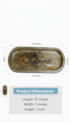 Image of Wooden Jewelry Tray, Oval Shape, L x B x H = 10 x 5 x 0.5 Inch Floral Design, Natural Wood Finish, Organizer for Rings, Necklaces, Earrings And Snacks Serving (lotus 2)