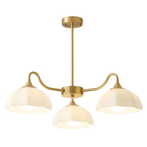 Magiroz Mid Century Modern 3 Light Sputnik Chandeliers Retro Gold Milk Glass Chandelier Pendant Light Fixture Nordic White Ceramic Kitchen Island Hanging Lights Dining Room Ceiling Lamp MPL13-3 GD