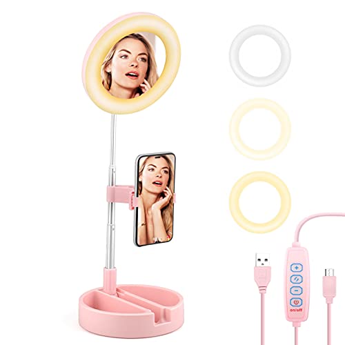 Luz de Anillo LED Aro de luz con Soporte Ring Light de Mesa Regulable 3 Modos de Luces 10 Brillos Regulable para Live Stream Volg Fotografia Maquillaje Cover
