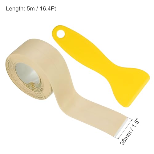 Image of uxcell Caulk Tape, Beige Toilet Caulk Strip Self Adhesive 1.5 inch x 16.4Ft Caulking Sealant Tape with Sealing Tool for Kitchen Bathroom Edge Protector