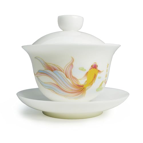 Image of Liang baobao Ice Jade White Porcelain Gaiwan,5oz Teacup Suet-fat Jade Porcelain Chinese Tea Cup Set for Gongfu Tea (fish)