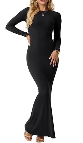 IWOLLENCE Bodycon Kleid Damen Langarm Maxi Dress Elegantes Figurbetontes Geripptes Kleid Rundhals Langes Enges Kleid Sexy Damen Maxikleid (Schwarz, L)