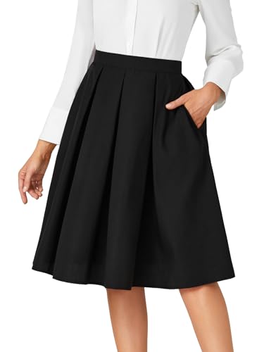 Women's A Line Pleated High Waisted Midi Skirts with Pockets