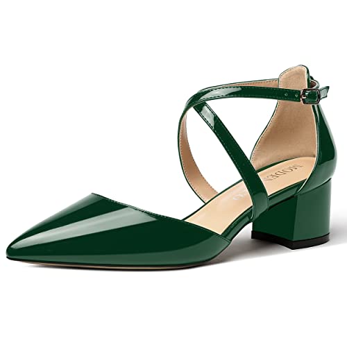 MODENCOCO Women's Patent Buckle Pointed Toe Block Cross Strap Solid Chunky Low Heel Pumps Shoes 2 Inch