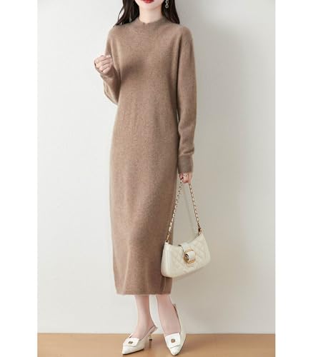 100% Merino Wool Sweater Dress Women's Long Sleeve Mock Neck Ribbed Jumper Fall Winter Knitted Long Tops3