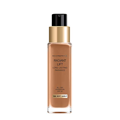 Max Factor Radiant Lift Liquid Pump cobertura media a completa Base de acabado radiante con SPF30 y ácido hialurónico, 100 Sable suave, tono de piel oscuro, 30 ml