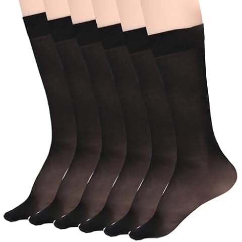 Nogeqi 6 Pairs Black Stocking Socks Women Tight Sheer Knee High Stockings with Reinforced Toes High Elasticity Knee High Nylons for Women One Size Cover