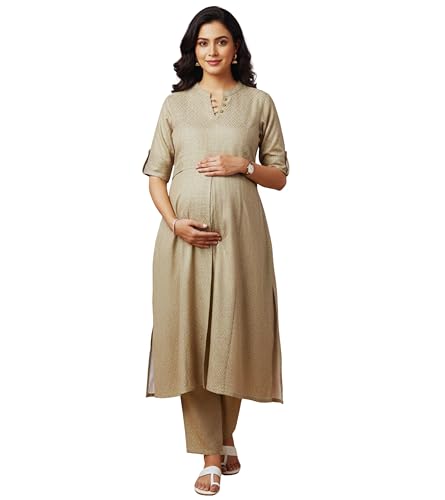 Image of DUMMY SHAPE Feeding Dresses for Women Full Set | Cotton Blend Maternity Kurta Pant Suit with Dual Nursing Zippers, Side Pocket to Pre & Post Pregnancy | Mom to Be Gifts