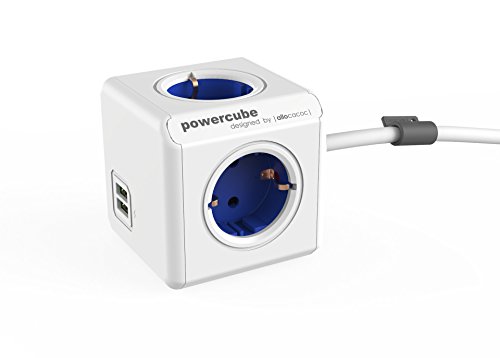 Dr. Bott Power-kubus Extended DuoUSB EU blauw, stekkerdoos met 4 stopcontacten en 2 USB-poorten, bureaumontagekit en 1,5 m kabel, 230 V, 10 A max.