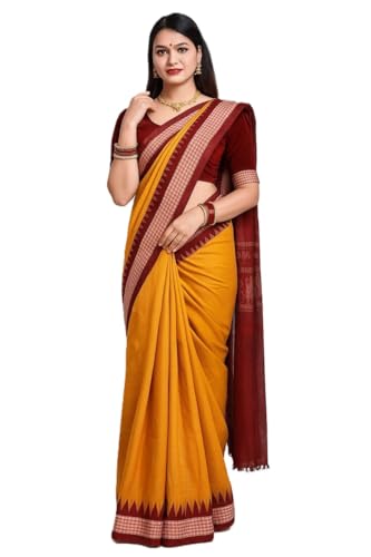 Image of NEW COLLECTION Women Silk Odisha Handloom Sambalpuri Plain Pata Saree Yellow Temple Border Pasapalli Design Mustard Kanjivaram Orissa Ethnic Handwoven Papa Silk Haldi Ceremony Pili Sari Red Blouse