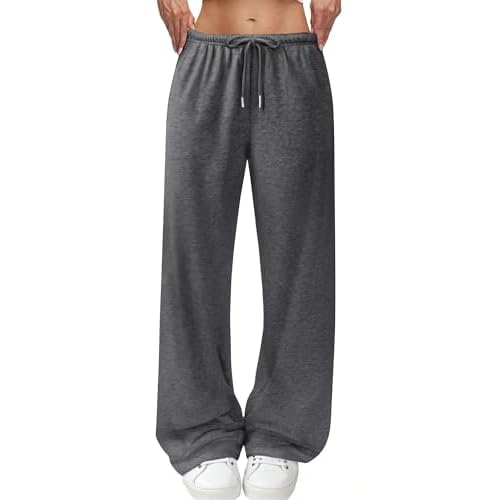 Wide Leg Sweatpants for Women High Waisted Baggy Sweat Track Pants Drawstring Casual Lounge Pants with Pockets Dark Grey Small
