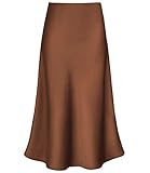 Modegal Women's Satin High Waist Hidden Elasticized Waistband Flared Casual A Line Midi Skirt (Brown, Small)
