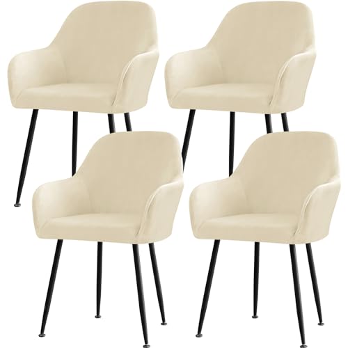 Gollense Curved Back Chair Cover Stretch Velvet Dining Chair Covers Vanity Chair Cover Swivel Armrest Accent Chair Covers Wingback Chair Slipcovers for Home Decor (4, Beige)
