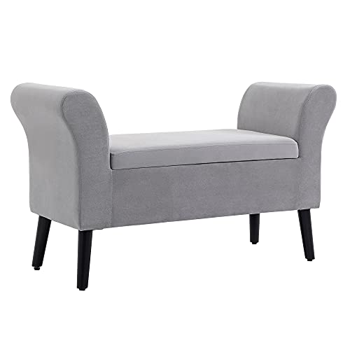 HOMCOM Sitzbank Polsterbank mit Stauraum Armlehnen Truhenbank modern Flur Schlafzimmer Wohnzimmer samtartiges Polyester Gummiholz Hellgrau 111,5 x 41 x 65 cm