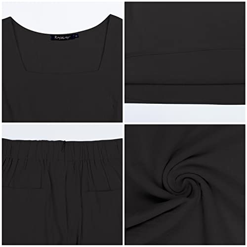 Roylamp Women's Casual 2 Piece Outfits Square Neck Tops Wide Leg Pants Set Business Jumpsuit With Pockets Black L #TOP5