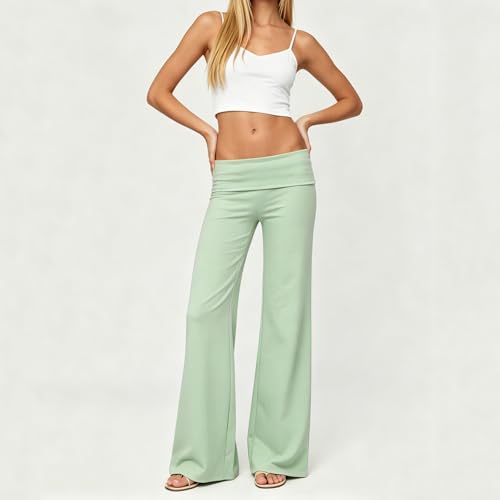Image of Lounge Yoga Pants for Women Fold Over Low Waist Wide Leg Bell Bottoms | Y2K Foldover Pants, Flare Leggings, Low Rise Yoga Sweatpants