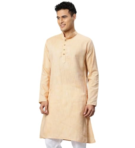 Image of Majestic Man Men's Cotton Regular Fit Traditional Mandarin Collar Ethnic Motifs Solid Long Kurta