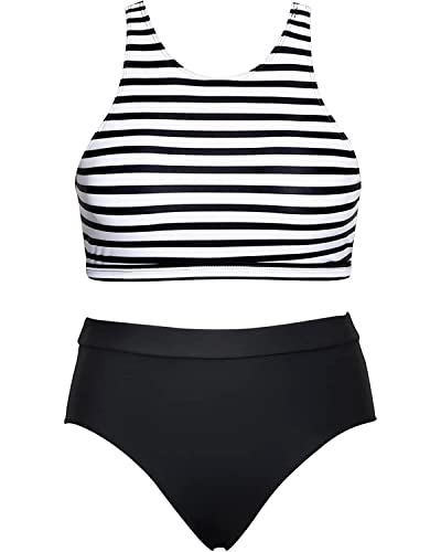 Tempt Me Black White Striped Women High Waisted Bikini Two Piece Swimsuits High Neck Crop Top Racerback Sporty Bathing Suits For Teen Girls M thumb #3