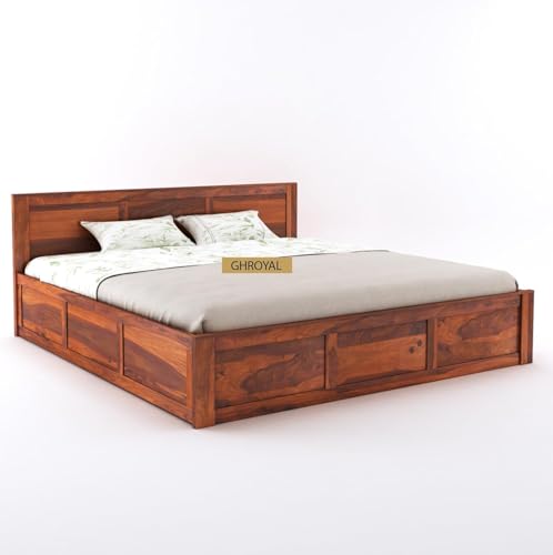 Image of Solid Sheesham Wood King Size Bed with Hydraulic Storage | Wooden Double Bed Cot Bed Furniture for Bedroom Living Room and Home (Honey Finish) - 1 Year Warranty
