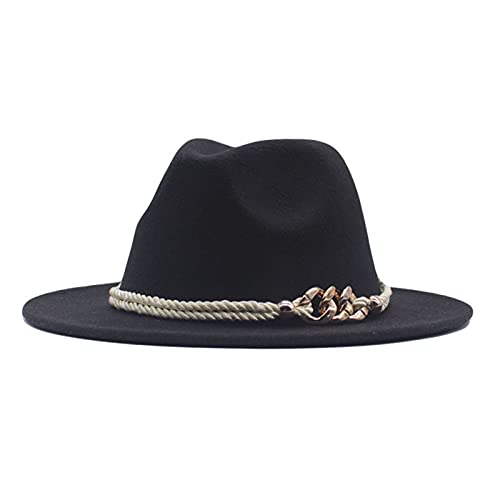 Gorro de lana Panamá Floppy con hebilla ancha, cinturón, sombrero clásico, gorras de béisbol fedora para mujer, gorra de padre, aspecto de pareja, Negro , Talla única