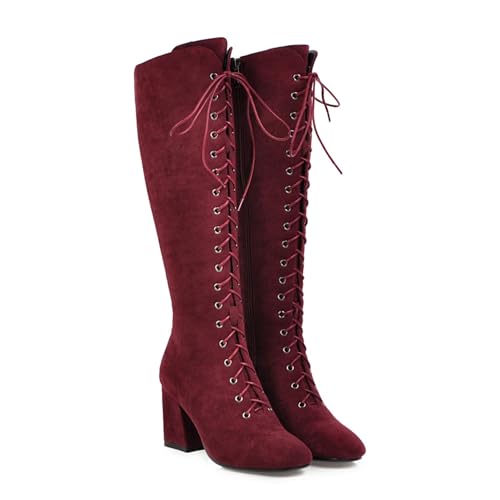 KOKOMOMO Womens Square Toe Chunky Heels Knee High Boots Lace Up High Heeled Combat Boots with Zip2