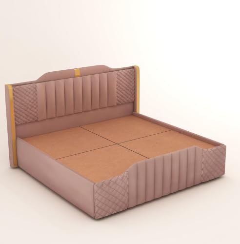 Image of Modern Upholstered Queen Size Bed with Storage | Double Bed with Box Storage & Upholstery Premium Fabric Headboard | Platform Bed for Bedroom & Hotel | Sheesham Wood, Onion Pink, 6.5 x 5 Ft
