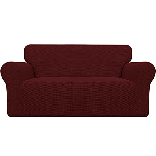Image of Easy-Going Stretch Loveseat Slipcover 1-Piece Sofa Cover Furniture Protector Couch Soft with Elastic Bottom for Kids Polyester Spandex Jacquard Fabric Small Checks (Loveseat, Wine)