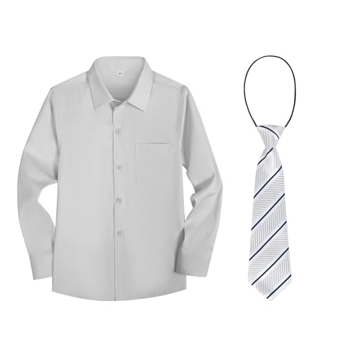 Boys Long Sleeve Dress Shirt and Tie Set Collared Button-Down Uniform Shirts for Kids