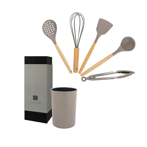 Fhomeキッチンツール 調理器具 シリコン 6点セット 木製 台所用品 新居祝い 耐熱 耐久性 和洋中料理に適用 抗菌 傷つかない フライ返し おたま トング 泡立て器など 収納スタンド1点 ラッピング包装 ギフト プレゼント