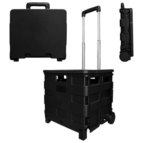 Berry 40L Foldable Shopping Trolley with Lid & 2 Wheels | Heavy Duty Plastic Trolly Cart with Telescopic Handle | Multipurpose Grocery Trolley Camping Cart Utility Wagon (Black)